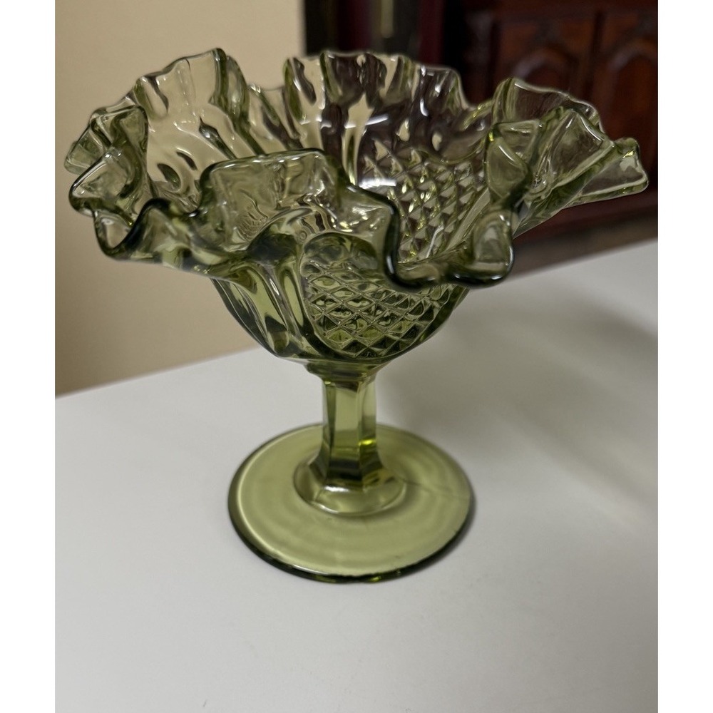 VTG Fenton Glass Compote  Green Thumb Print Pattern‎  Ruffled And Crimped Rim